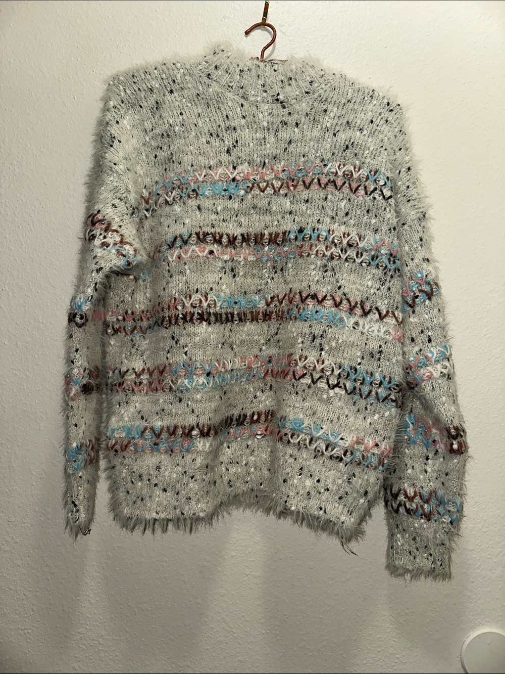 Maurices Cream Fuzzy Crewneck Sweater with Pastel Blue, Pink and Brown Stripes
